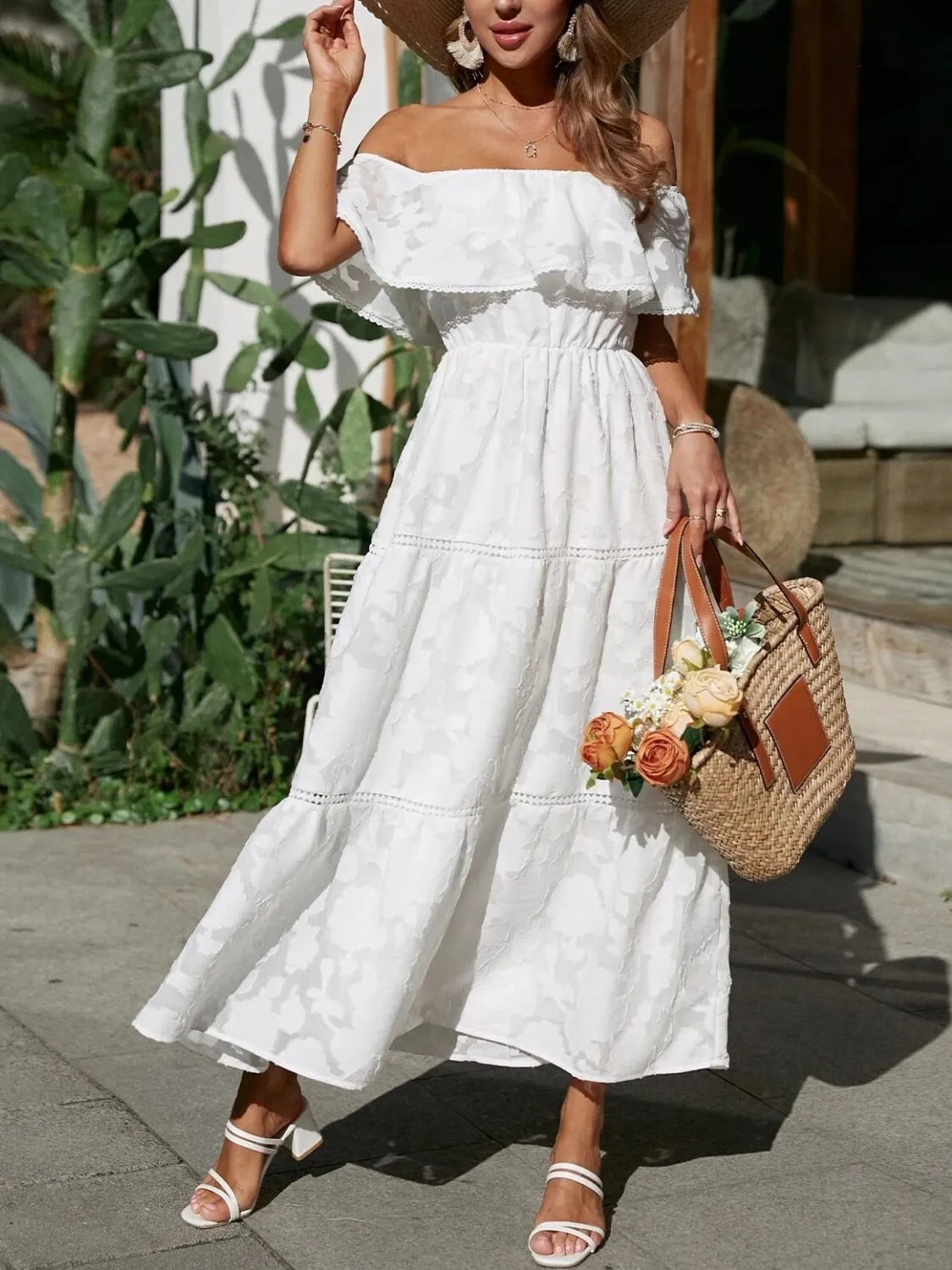 floral jacquard tiered maxi dress Off Shoulder Ruffle Lace Trim Length:Petite (25 Inches) the races RSH-07.19.25 Pink Wedding Guest Dresses
