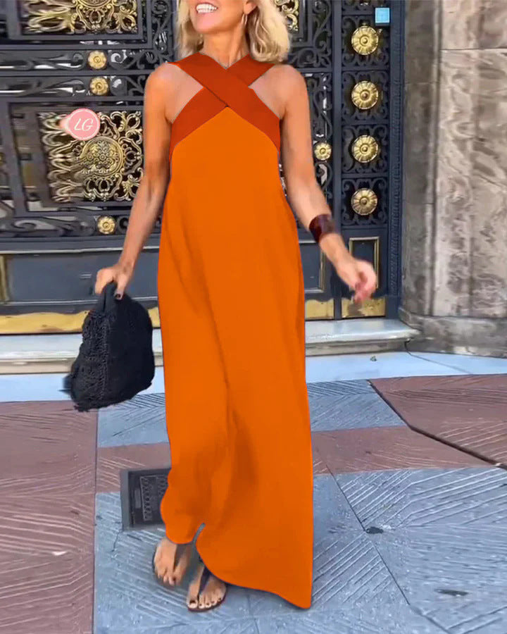 Contrast Cross Halter Neck Sleeveless Casual Maxi Dress