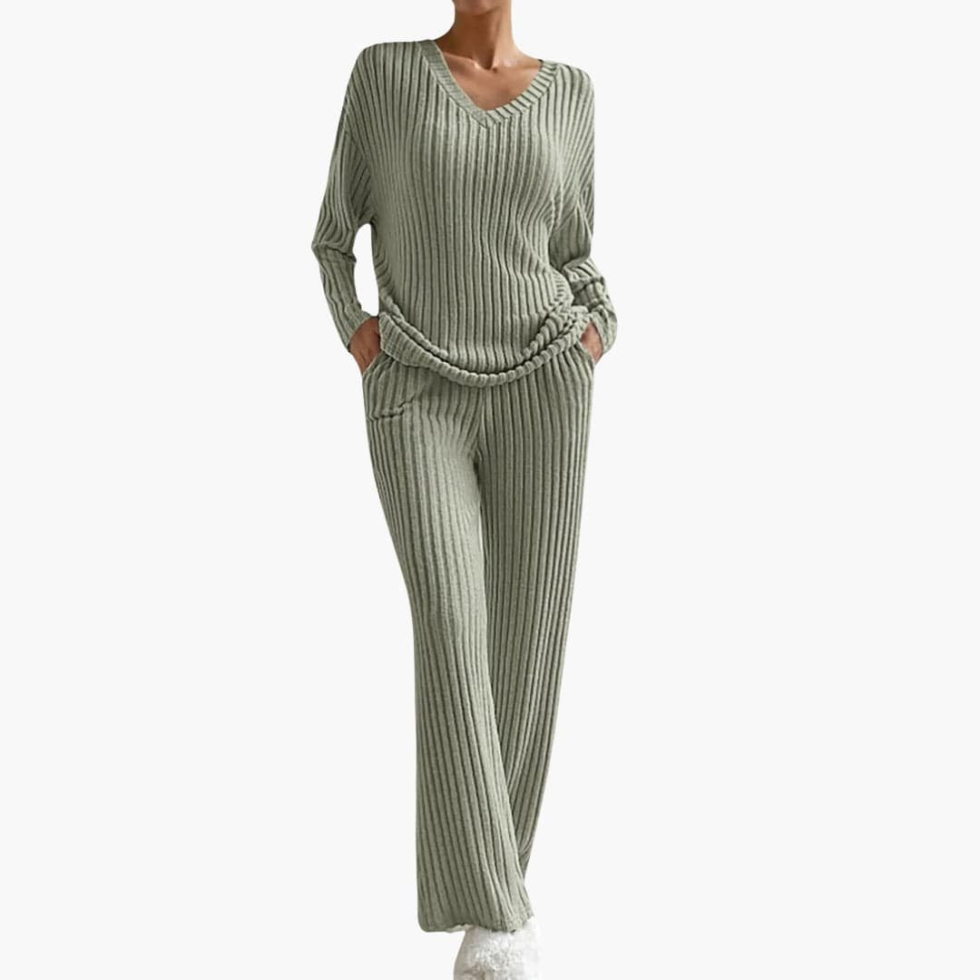Eleonora | Women's Ribbed Knit V-Neck Sweater and Wide Leg Pants Set