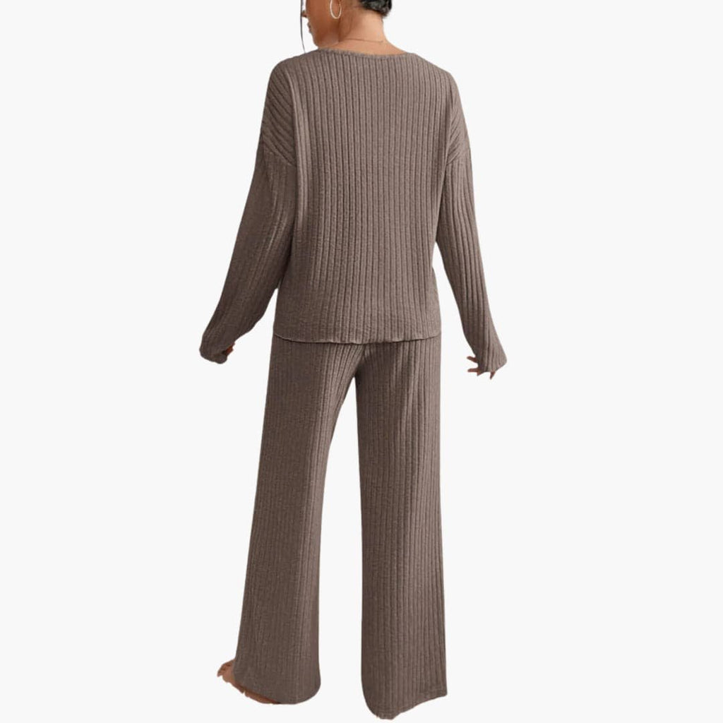 Eleonora | Women's Ribbed Knit V-Neck Sweater and Wide Leg Pants Set