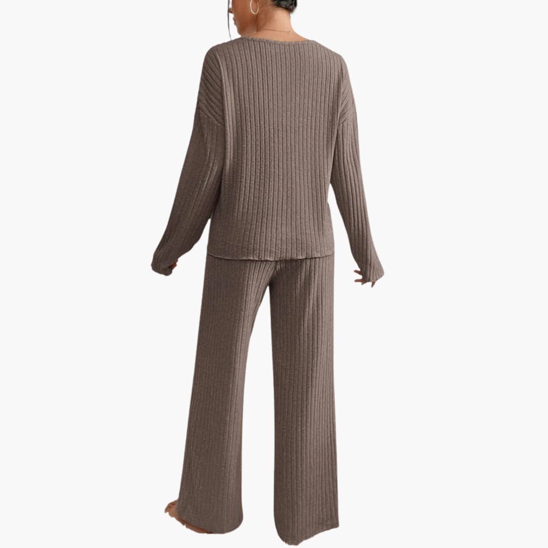 Eleonora | Women's Ribbed Knit V-Neck Sweater and Wide Leg Pants Set
