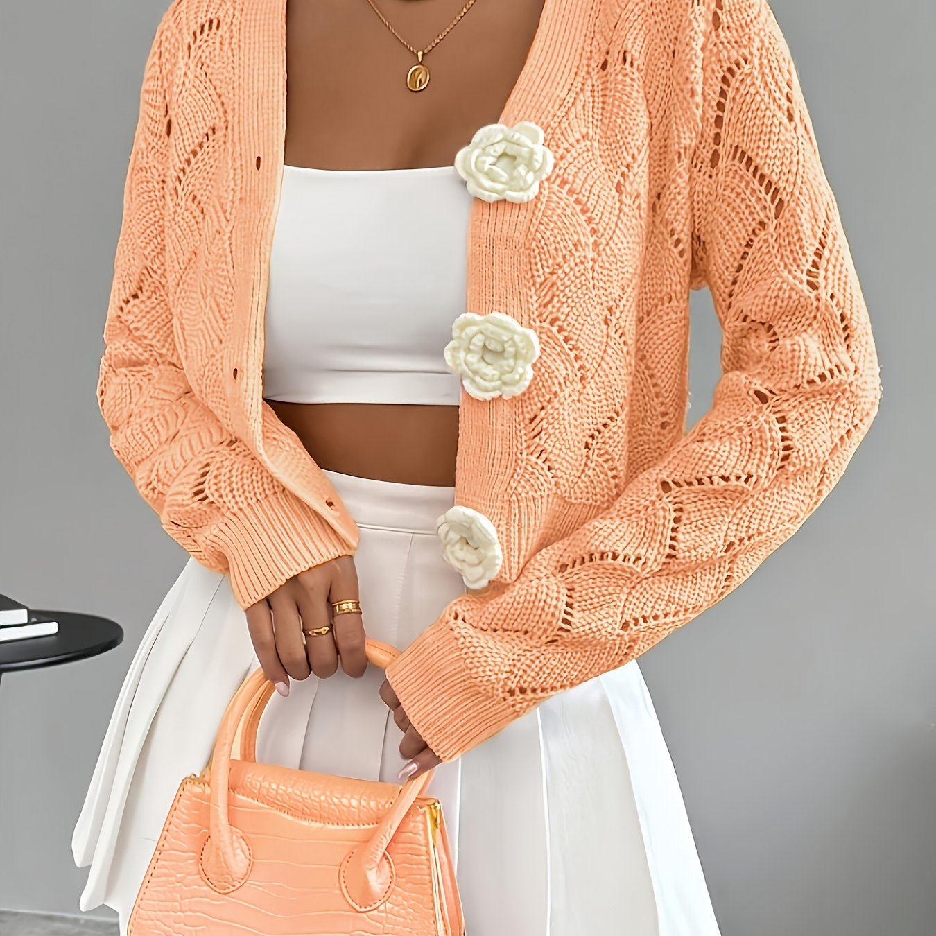 Marigold | Women's Crochet Knit Cardigan with Floral Buttons