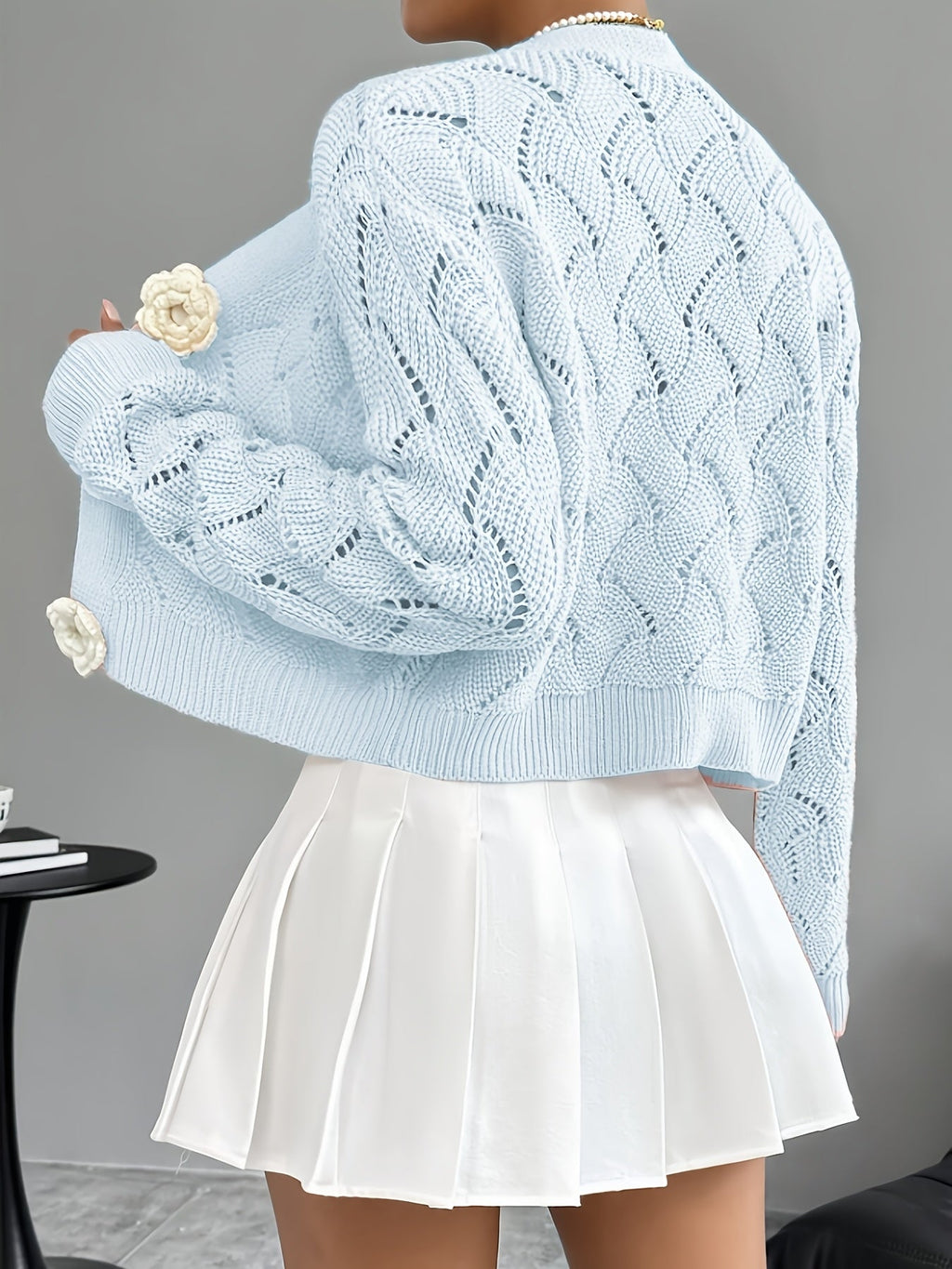 Marigold | Women's Crochet Knit Cardigan with Floral Buttons