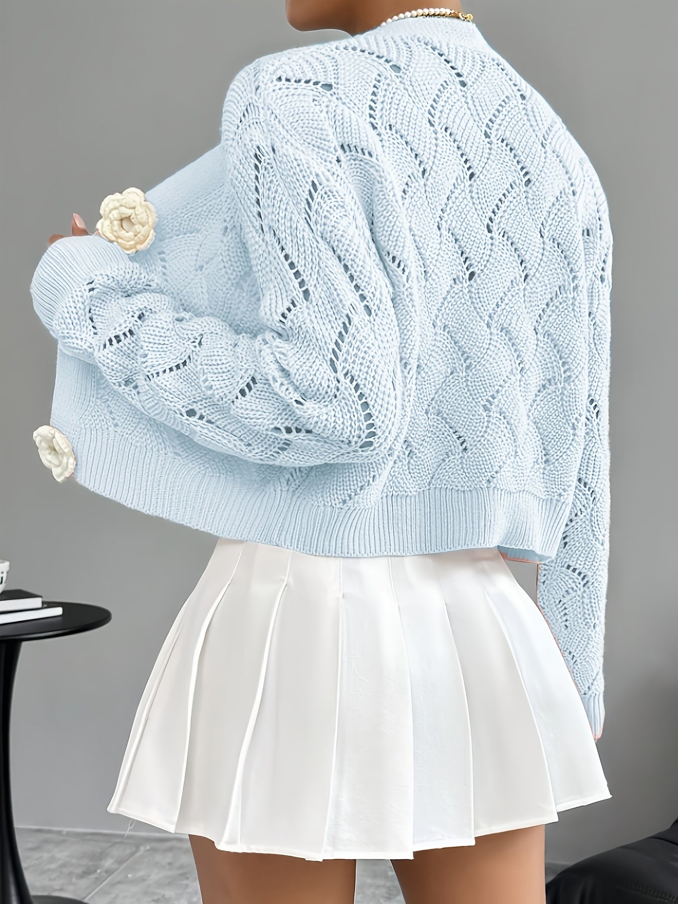Marigold | Women's Crochet Knit Cardigan with Floral Buttons