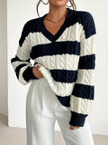 Rosalyn | Women's Striped V-Neck Oversized Cable Knit Sweater