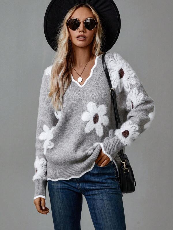 Camille | Women's V-Neck Sweater with Textured Floral Detail