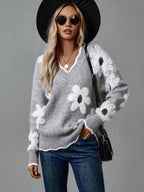 Camille | Women's V-Neck Sweater with Textured Floral Detail