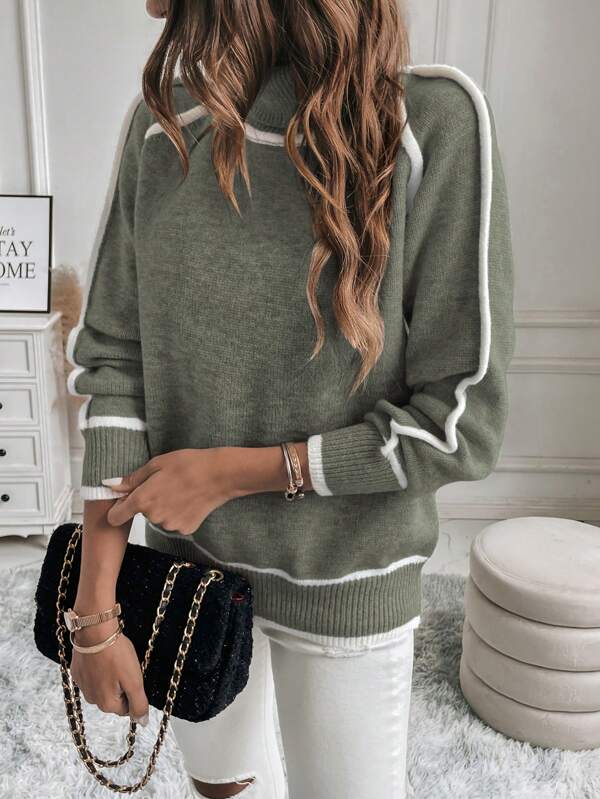 Faye | Women's Turtleneck Sweater with Contrast Stripe Detail, Cropped