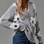 Camille | Women's V-Neck Sweater with Textured Floral Detail