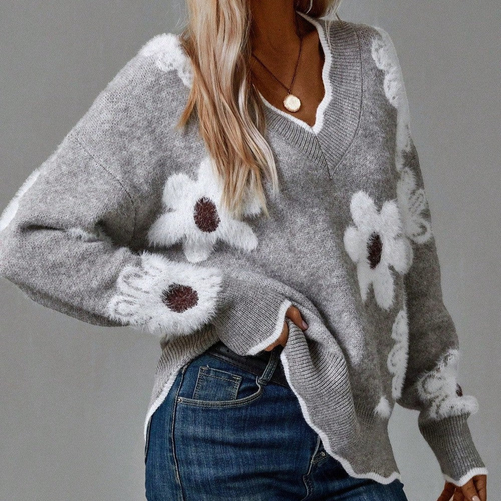Camille | Women's V-Neck Sweater with Textured Floral Detail