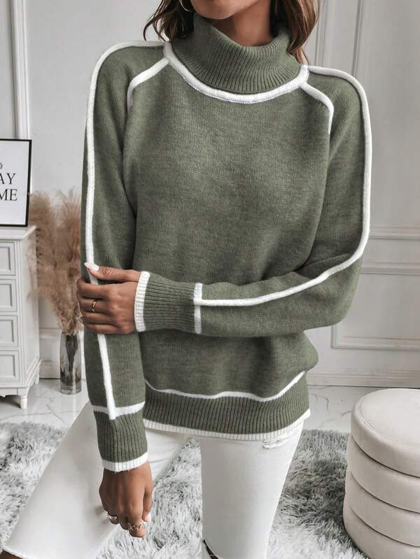 Faye | Women's Turtleneck Sweater with Contrast Stripe Detail, Cropped