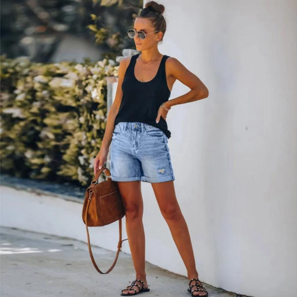 High Waist Distressed Roll Cuff Casual Denim Short