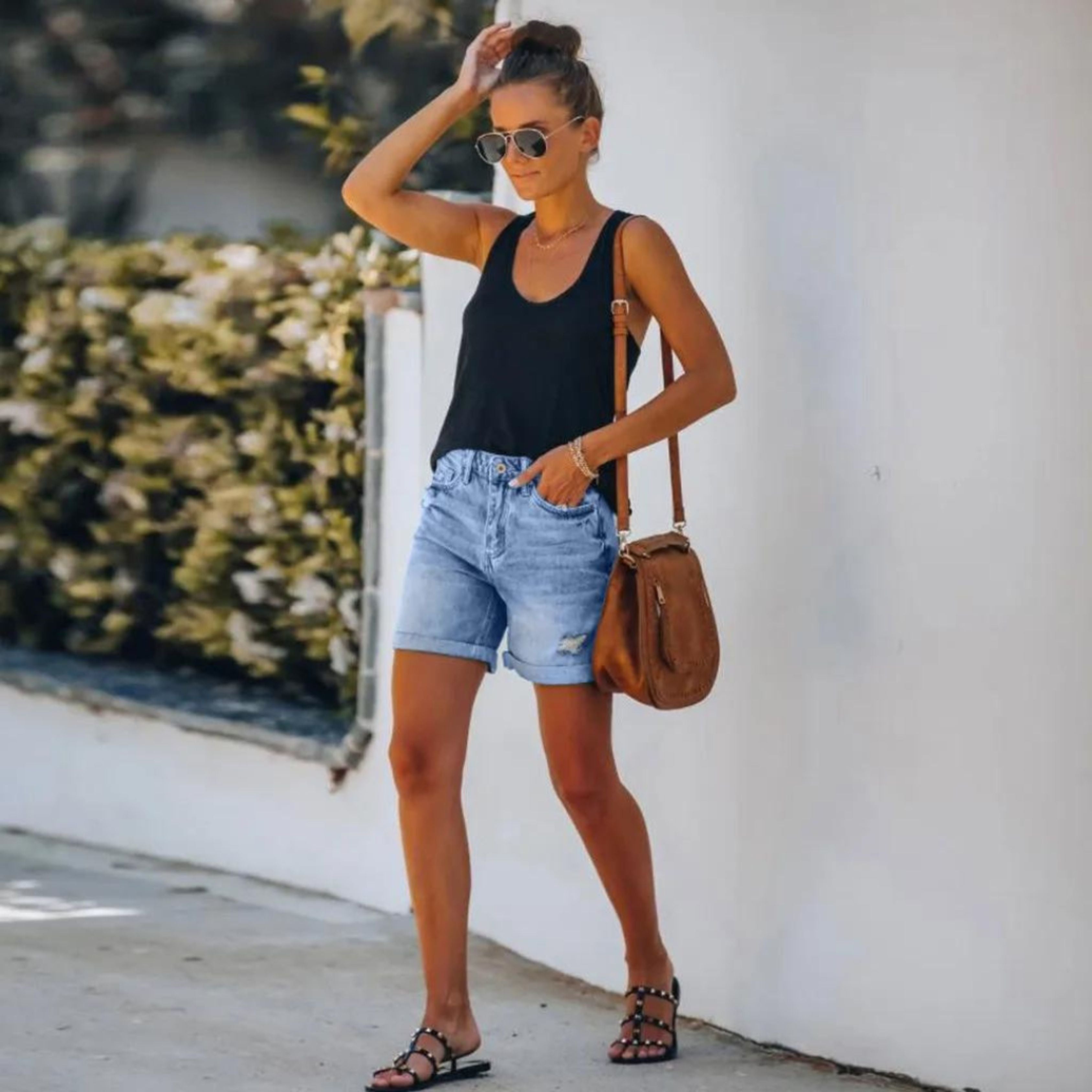 High Waist Distressed Roll Cuff Casual Denim Short