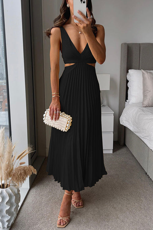 Pleated Cut Out Halter Midi Dress - Formal Wedding Guest