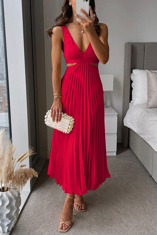 Pleated Cut Out Halter Midi Dress - Formal Wedding Guest
