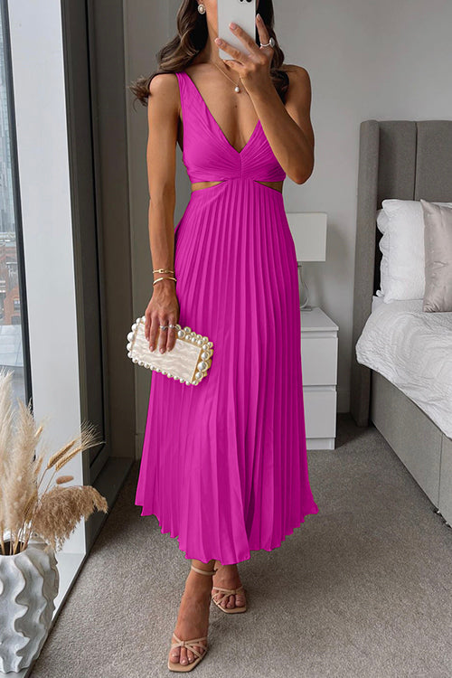 Pleated Cut Out Halter Midi Dress - Formal Wedding Guest