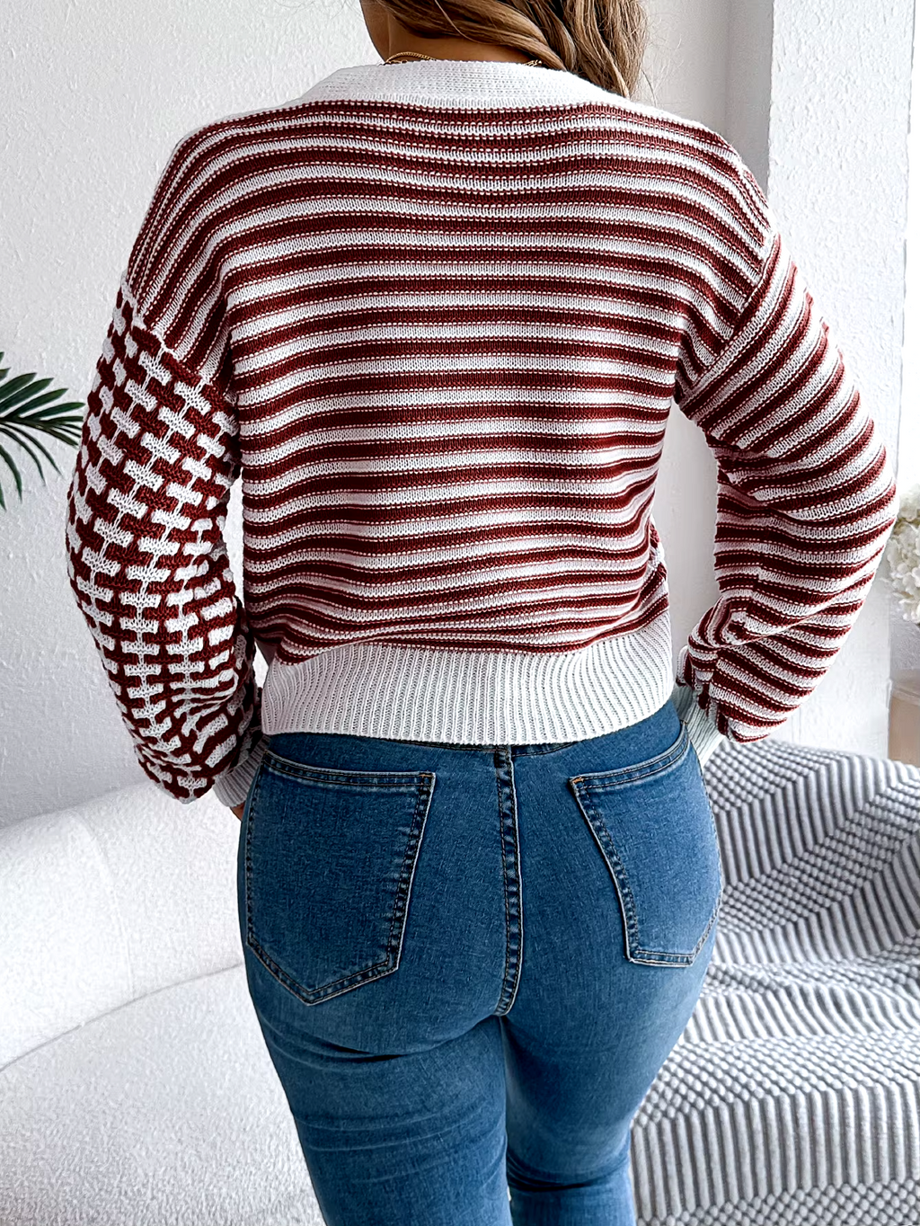 Pippa | Women's Cropped Striped Patchwork V Neck Knit Cardigan