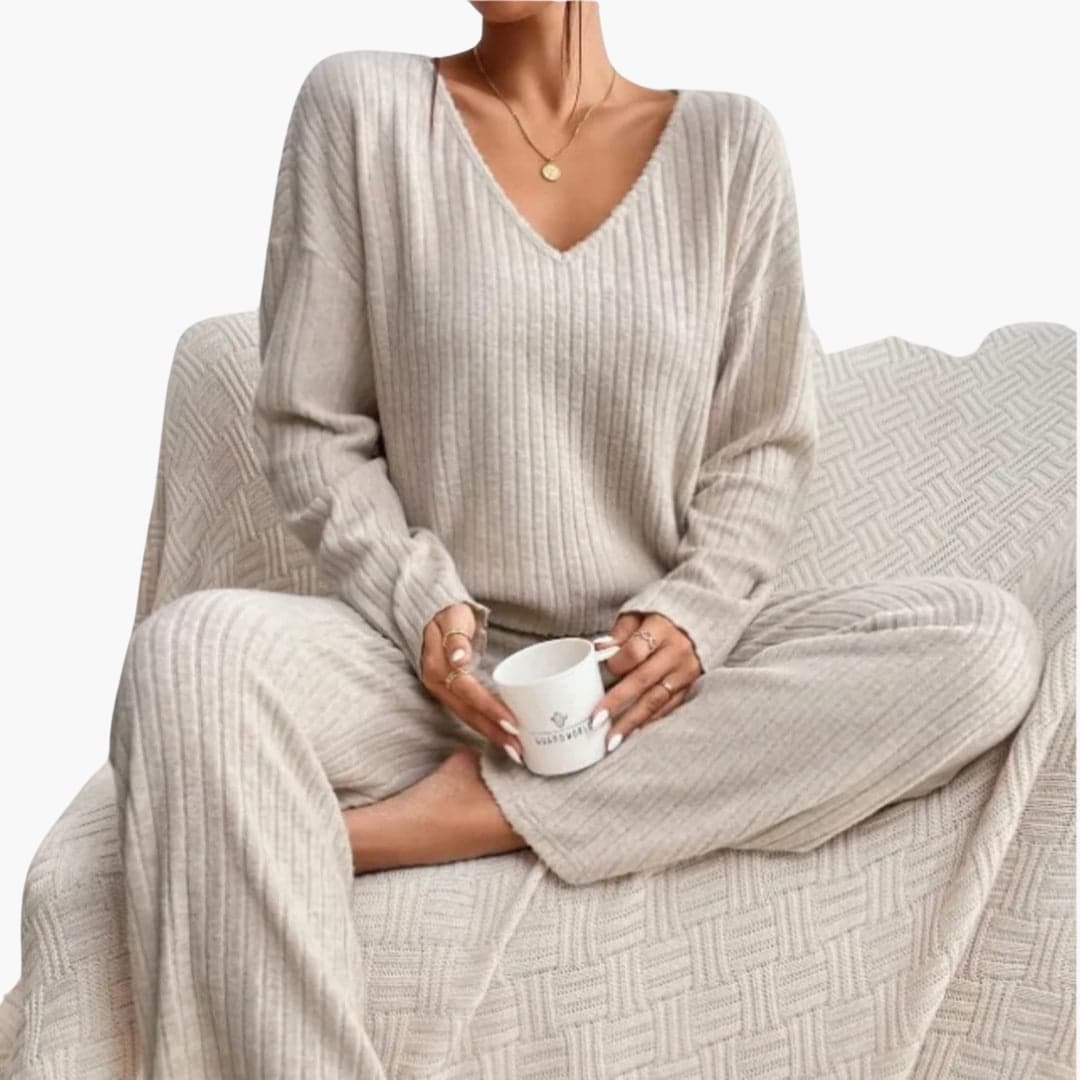 Eleonora | Women's Ribbed Knit V-Neck Sweater and Wide Leg Pants Set
