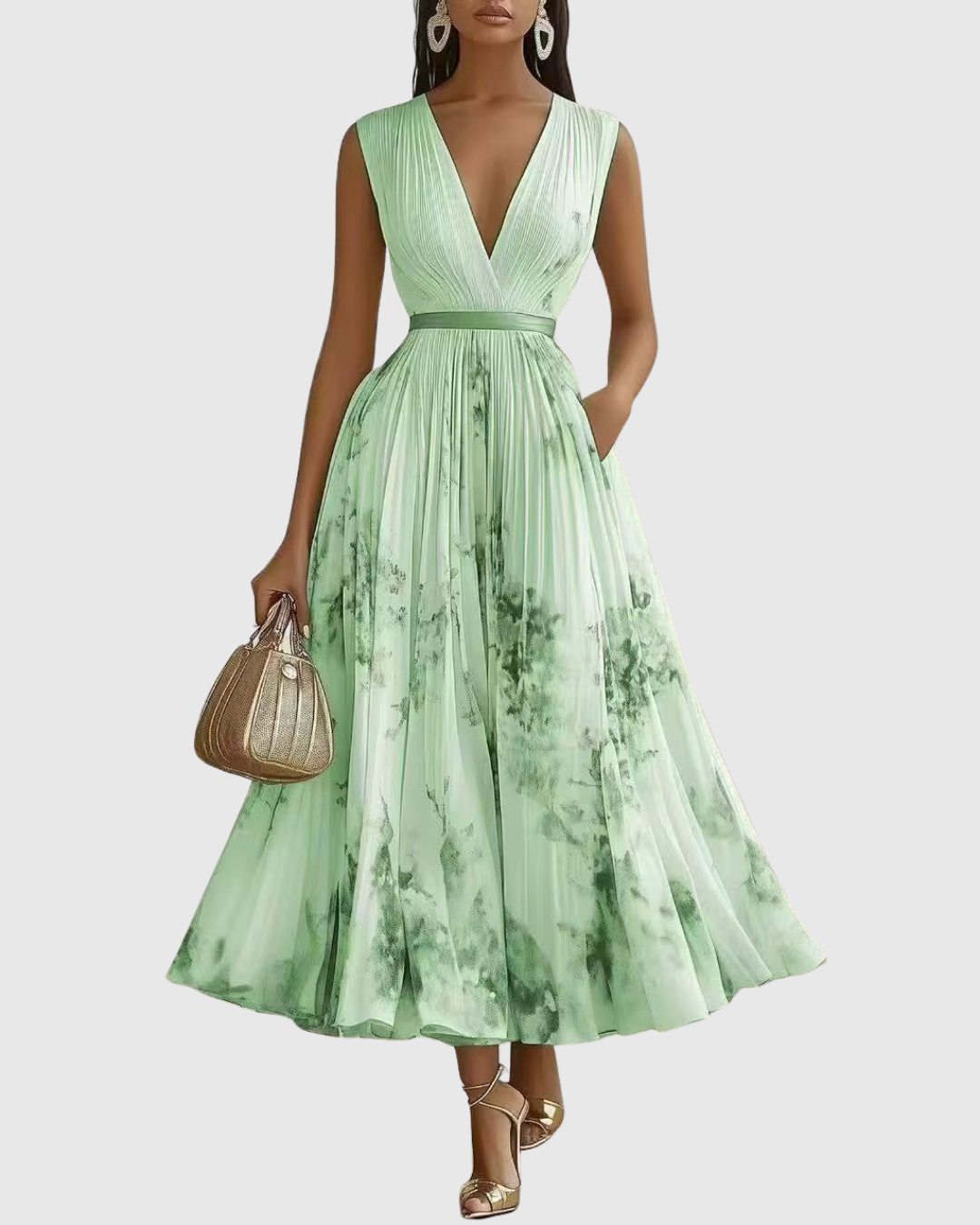 Floral Pleated V-Neck Belted Maxi Dress - Wedding Guest Gown