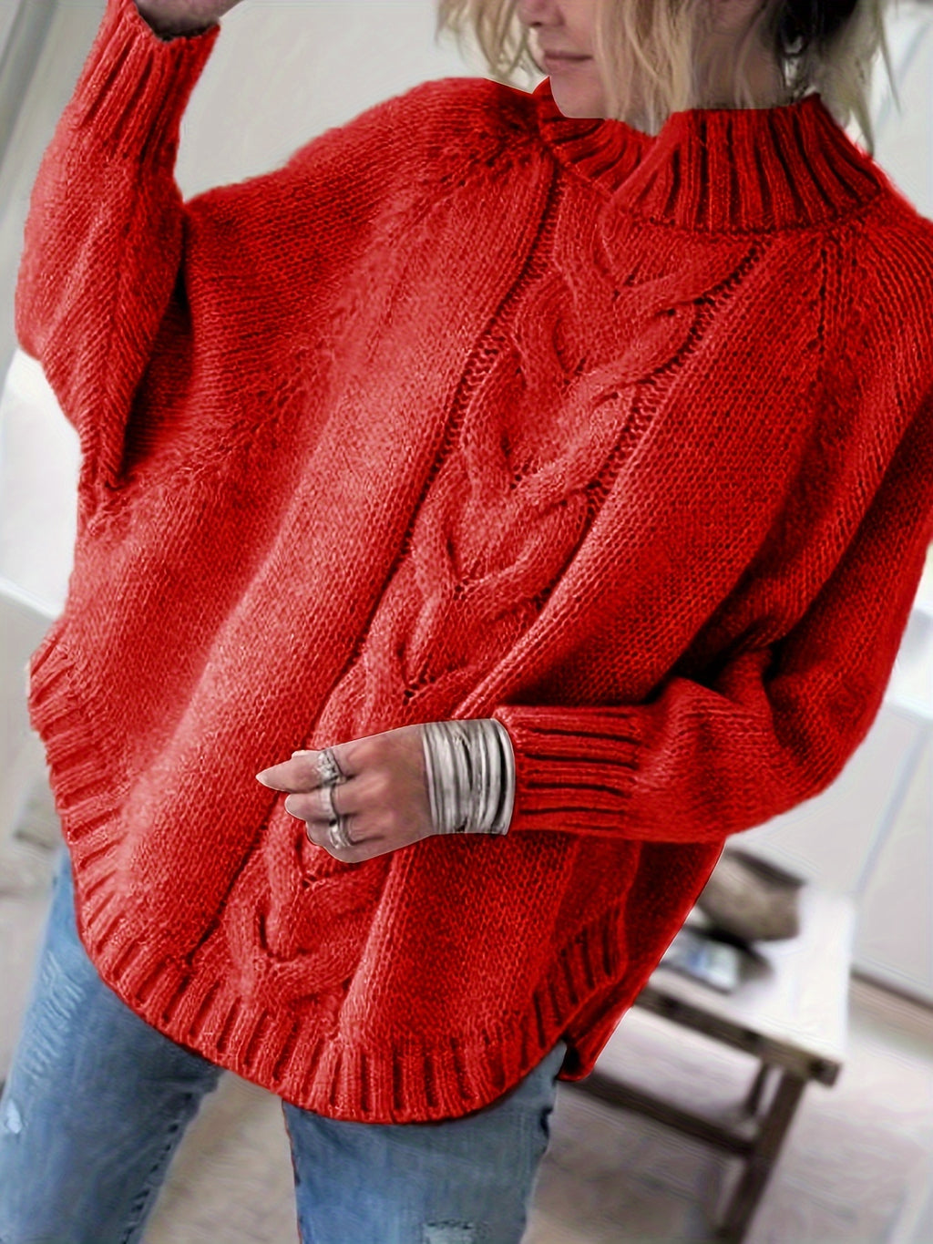 Wren | Women's Wool Cable Knit High-Neck Sweater with Flared Hem for Casual Fall Wear
