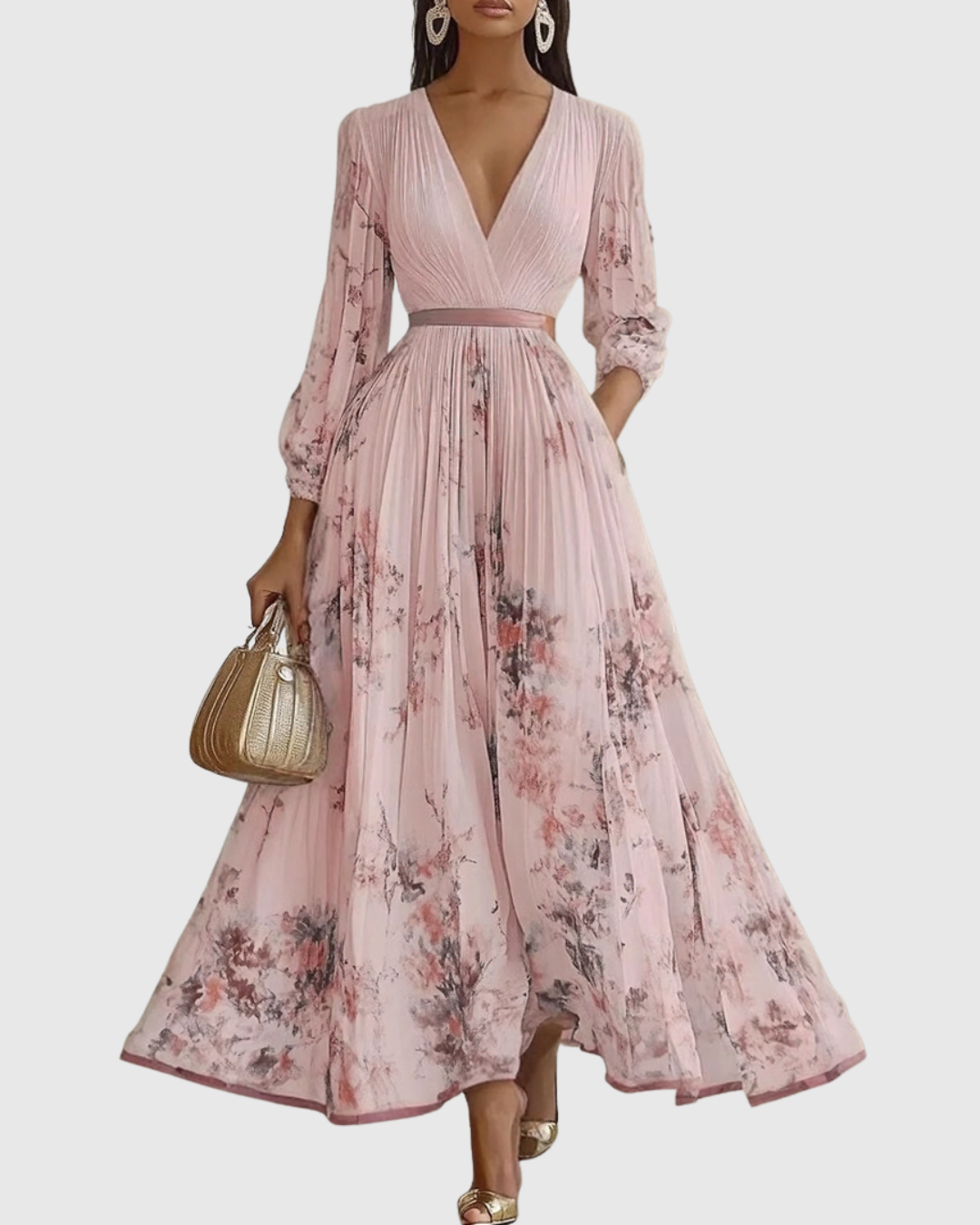 Floral Pleated V-Neck Belted Maxi Dress - Wedding Guest Gown