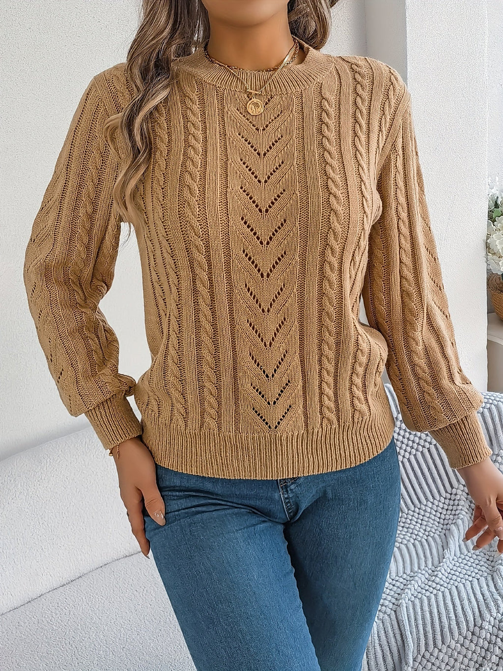 Elspeth | Women's Pointelle Cable Knit Crew Neck Sweater