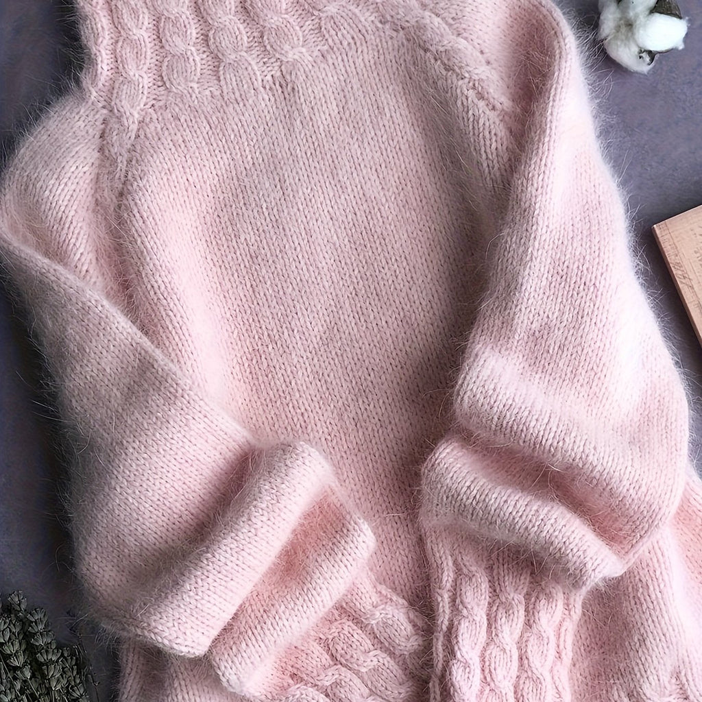 Rosalind | Women's Fuzzy Alpaca Cable Knit Mock Neck Sweater