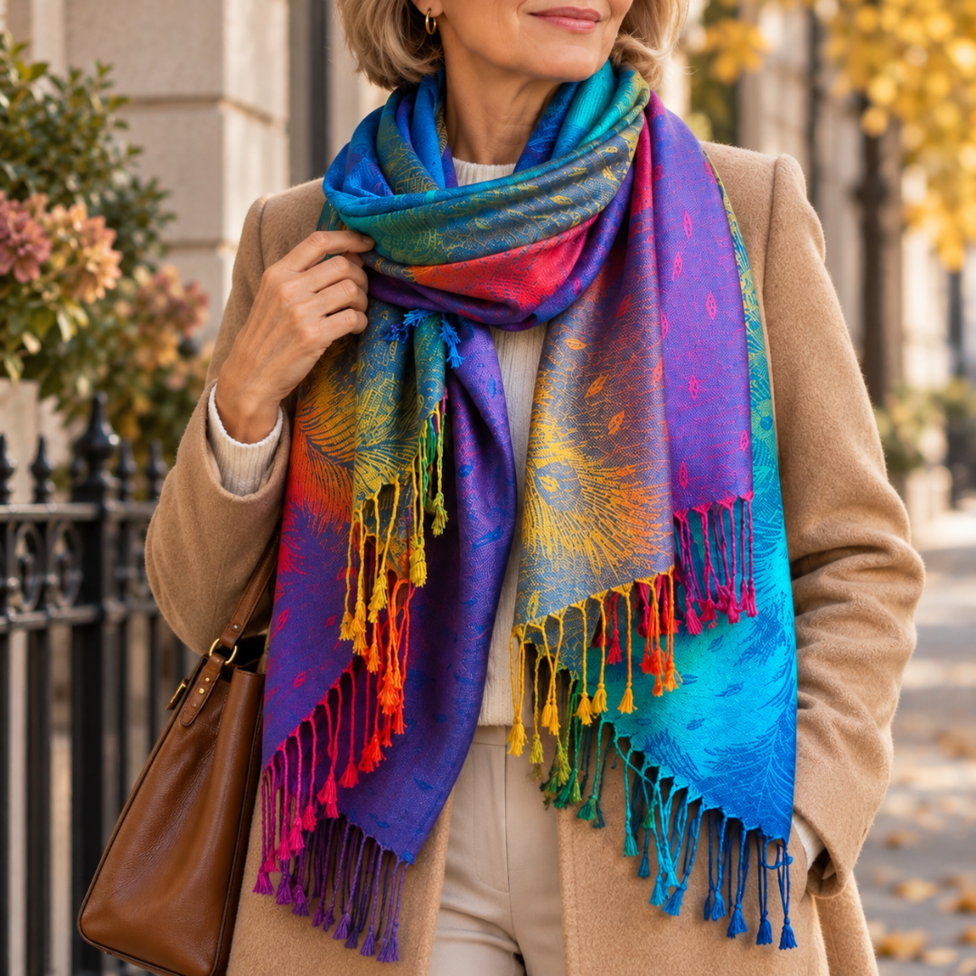 Sabrina | Women’s Feather Print Scarf with Tassels