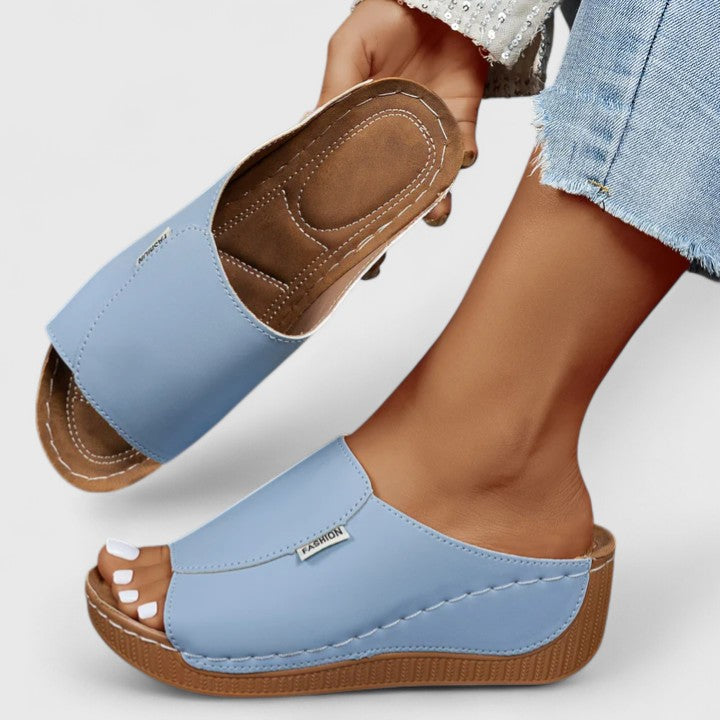 Leather Peep Toe Comfort Wedge Slide Sandal