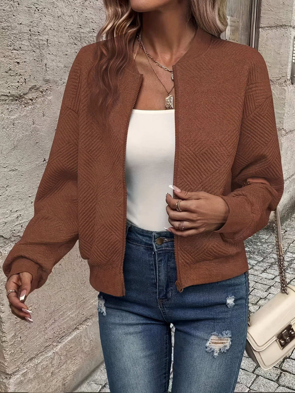 Seraphina | Women's Textured Zip-Up Cropped Bomber Jacket