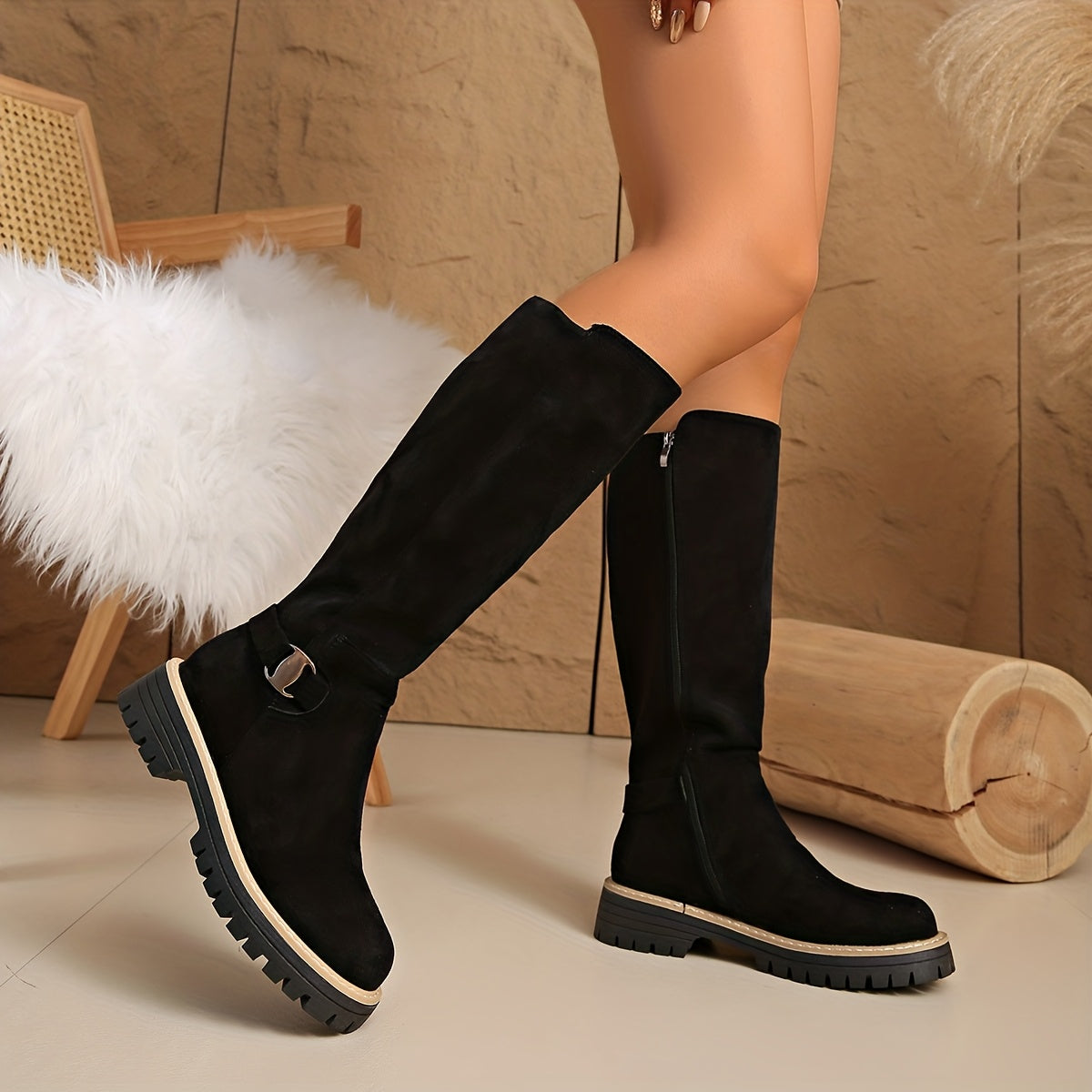 Cosima | Women's Chunky Platform Knee High Zip Boots