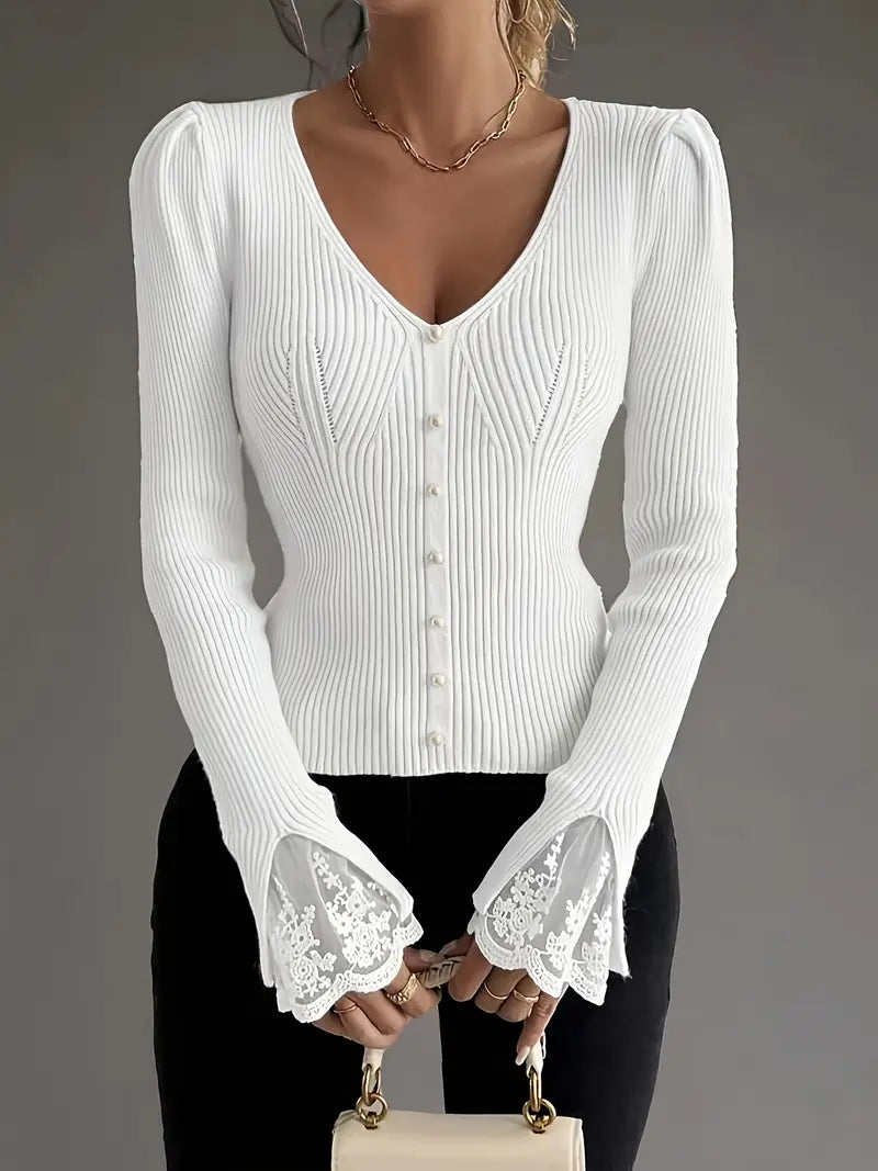 Aveline | Women's Puff Shoulder V-Neck Top with Pearl Buttons and Lace Trim