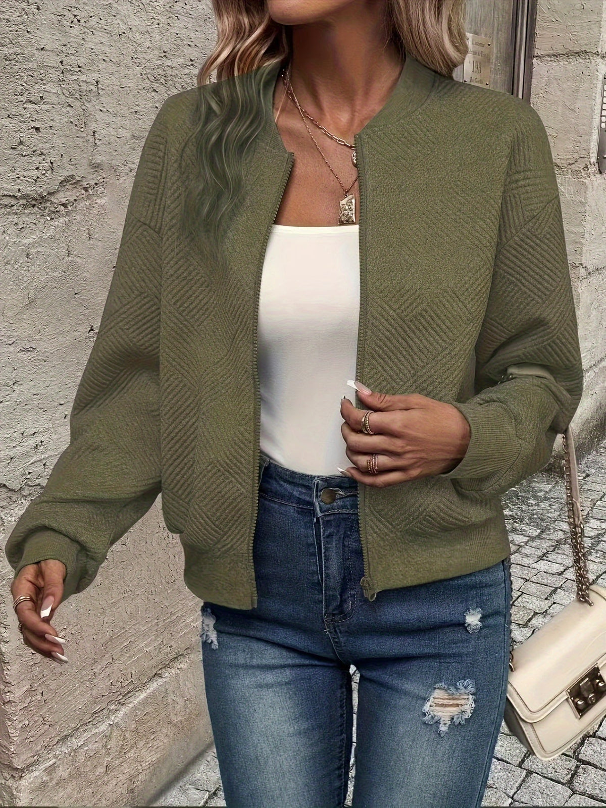 Seraphina | Women's Textured Zip-Up Cropped Bomber Jacket
