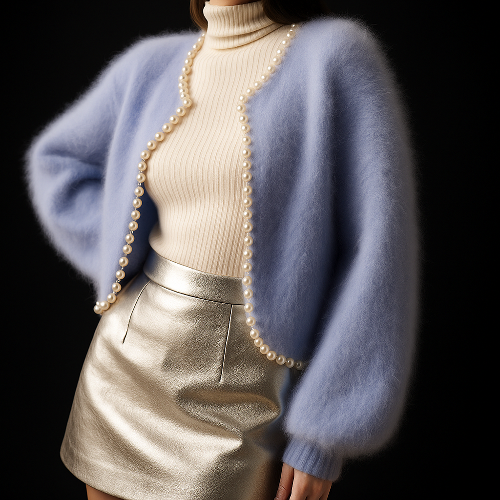 Alice | Women's Fuzzy Cropped Cardigan with Pearl Trim Edging