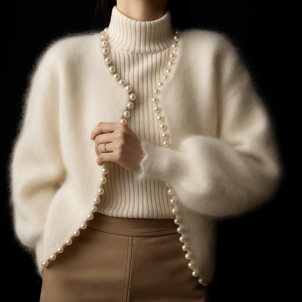 Alice | Women's Fuzzy Cropped Cardigan with Pearl Trim Edging