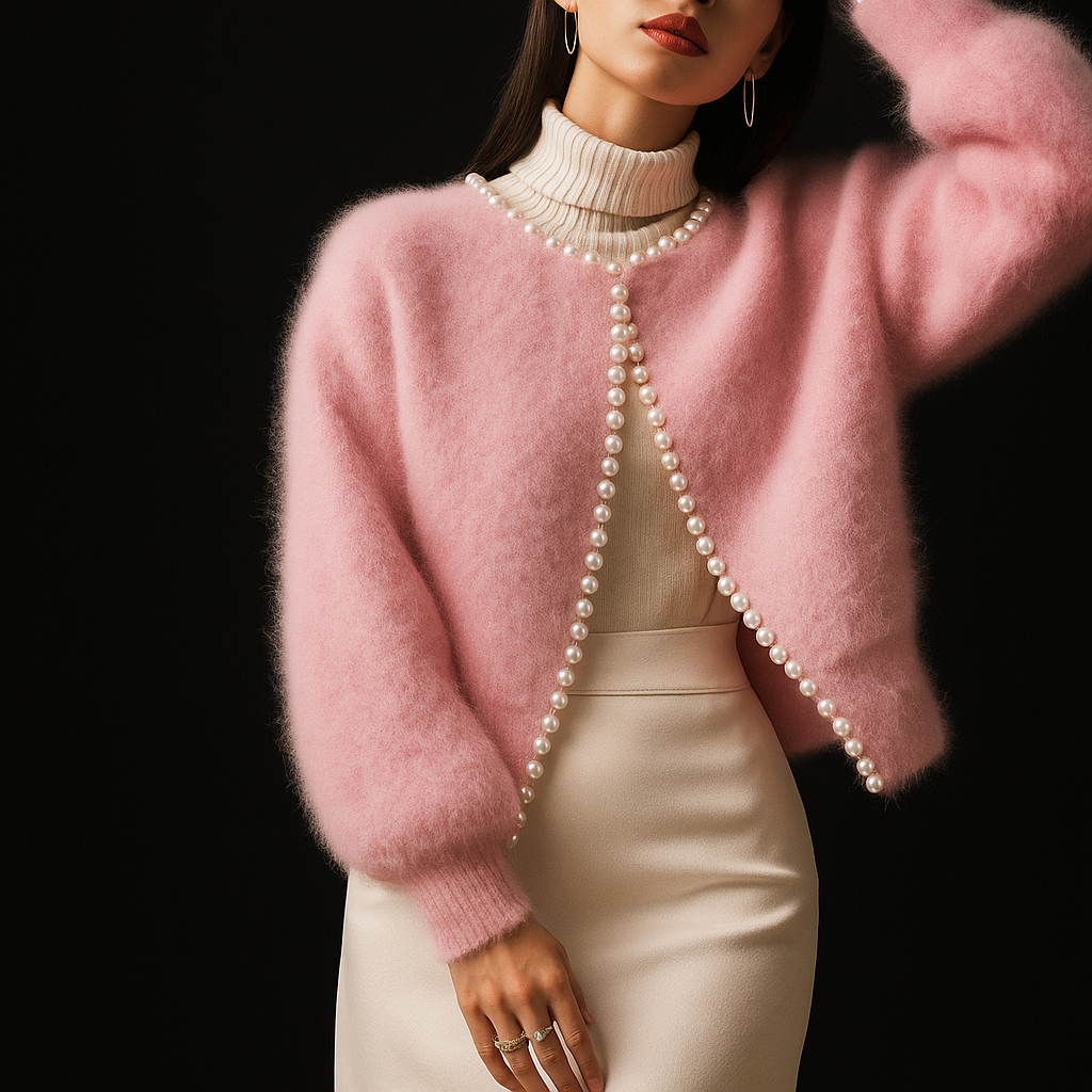 Alice | Women's Fuzzy Cropped Cardigan with Pearl Trim Edging