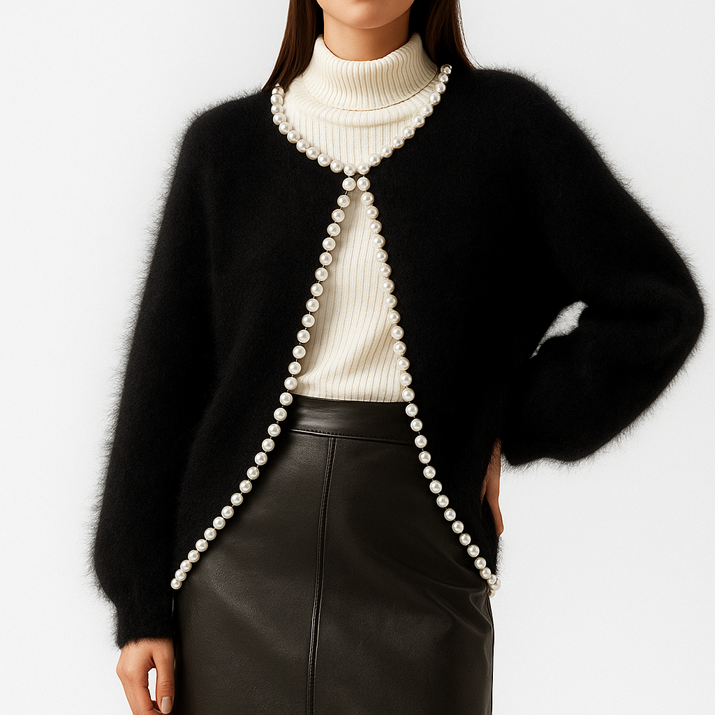 Alice | Women's Fuzzy Cropped Cardigan with Pearl Trim Edging