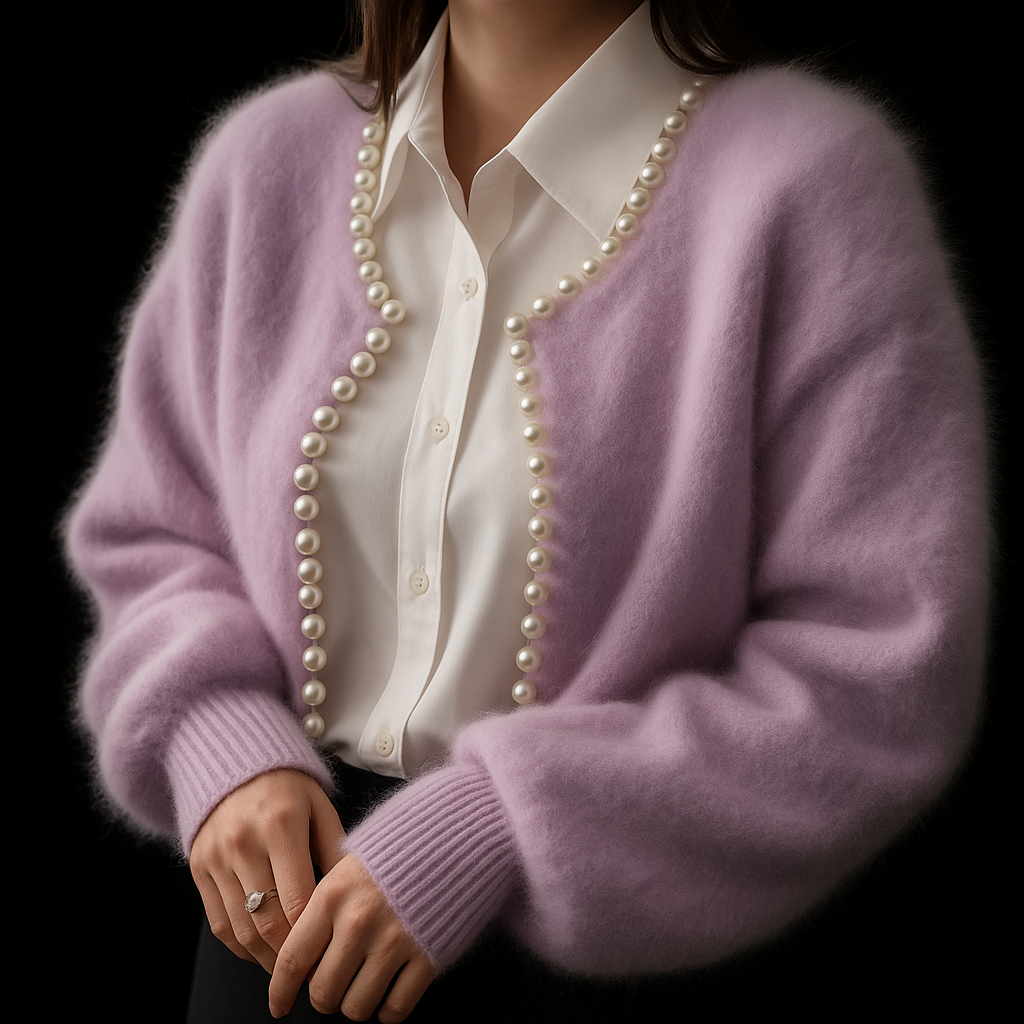 Alice | Women's Fuzzy Cropped Cardigan with Pearl Trim Edging