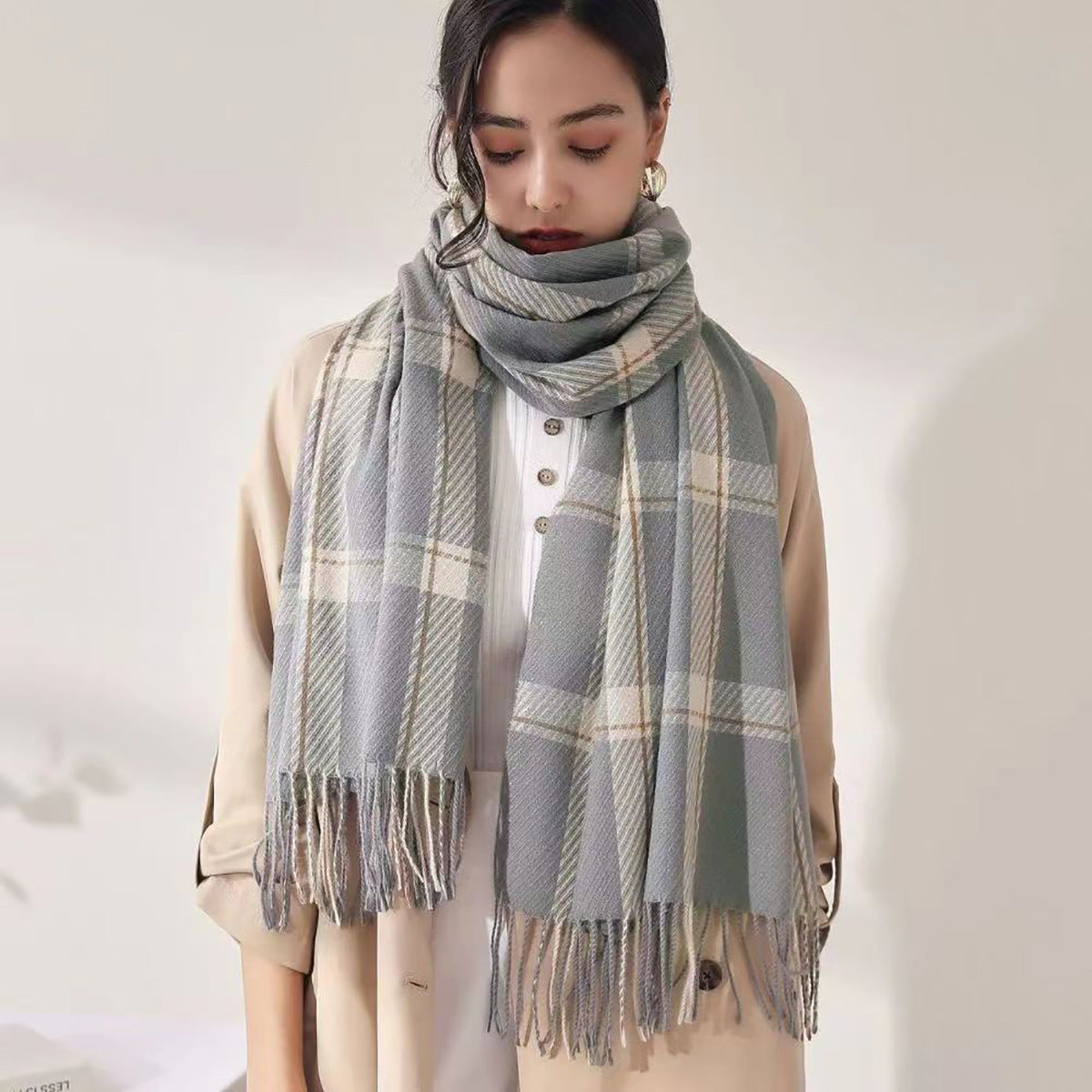 Bianca | Women’s Checked Scarf with Fringe Ends