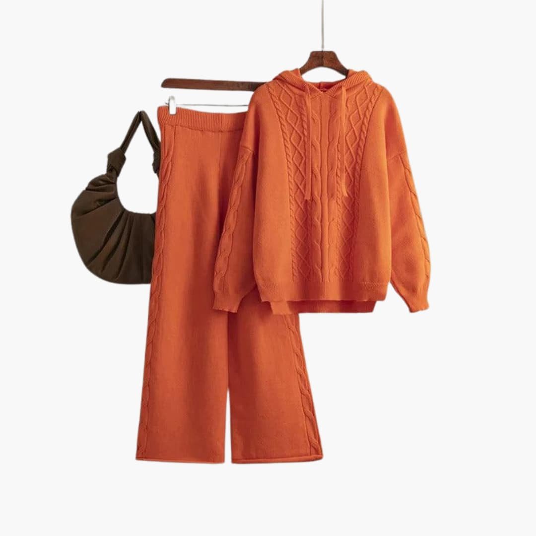 Bettina | Women's Cable Knit Sweater Hoodie and Wide Leg Pants Set
