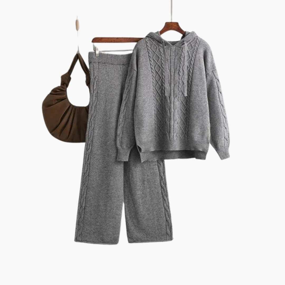 Bettina | Women's Cable Knit Sweater Hoodie and Wide Leg Pants Set
