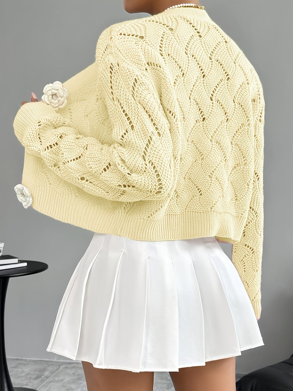 Marigold | Women's Crochet Knit Cardigan with Floral Buttons