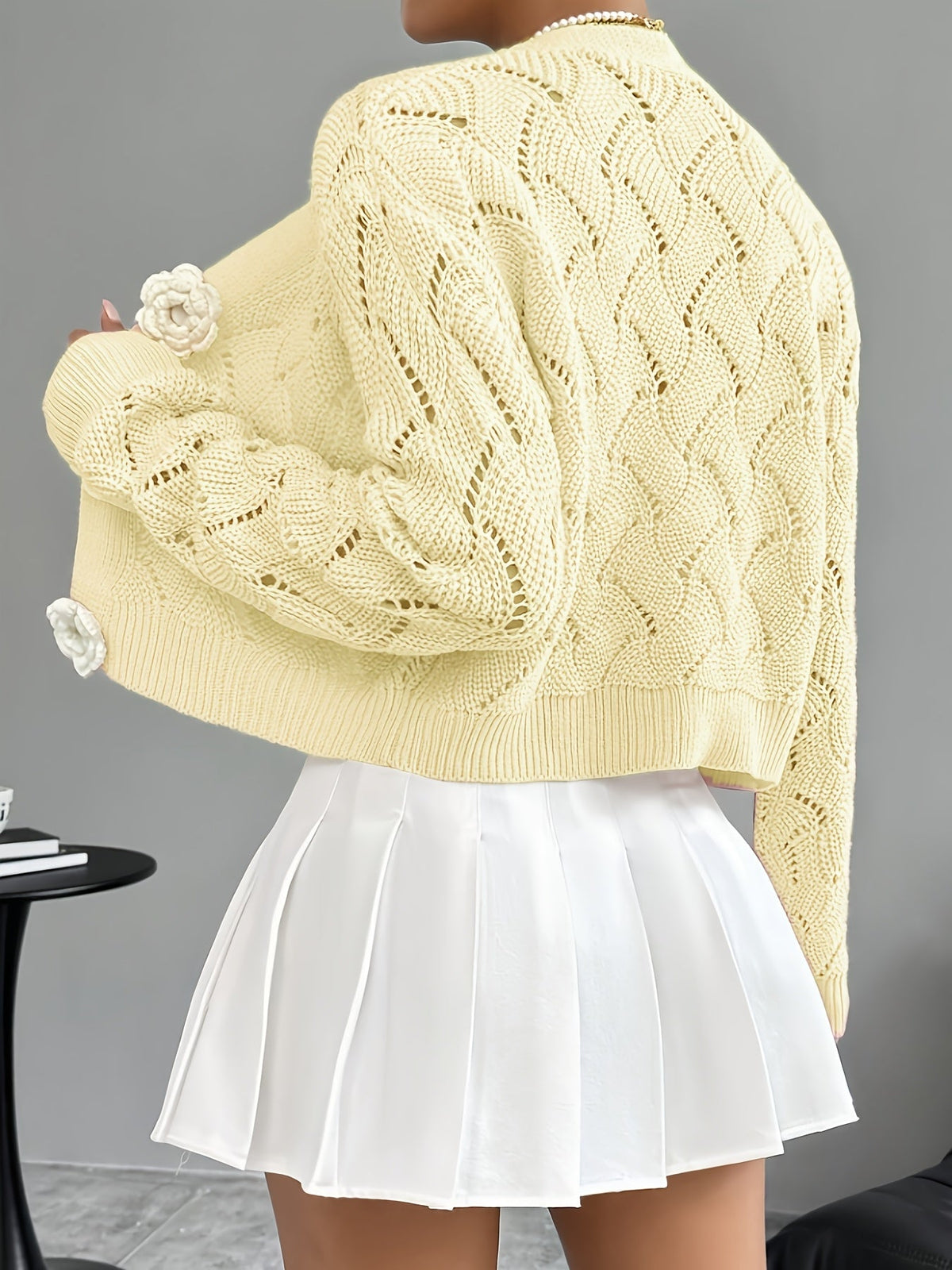 Marigold | Women's Crochet Knit Cardigan with Floral Buttons
