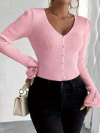 Aveline | Women's Puff Shoulder V-Neck Top with Pearl Buttons and Lace Trim
