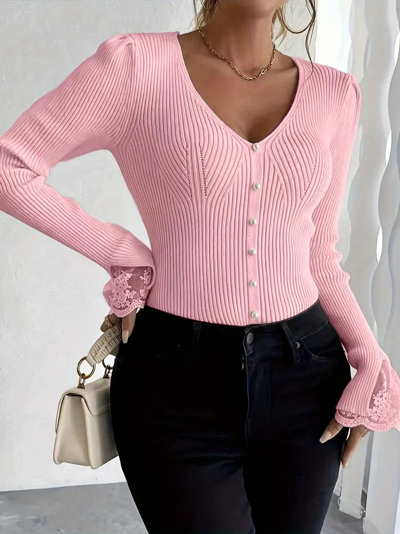 Aveline | Women's Puff Shoulder V-Neck Top with Pearl Buttons and Lace Trim