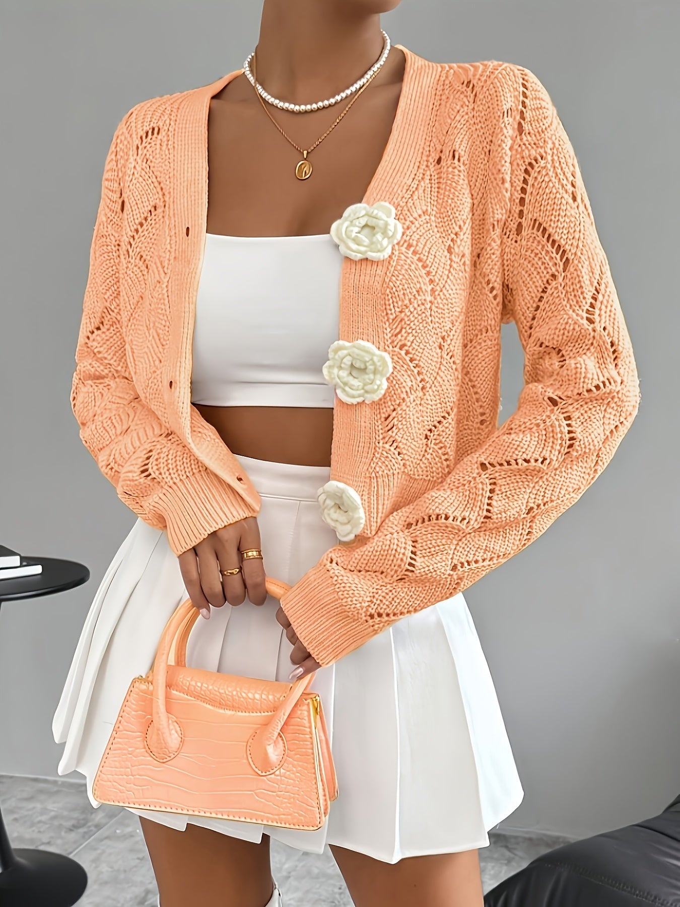 Marigold | Women's Crochet Knit Cardigan with Floral Buttons
