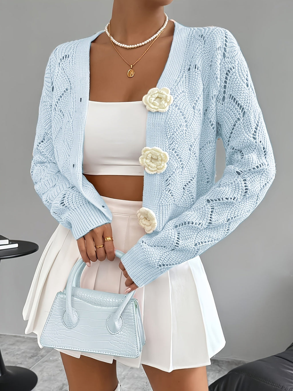 Marigold | Women's Crochet Knit Cardigan with Floral Buttons