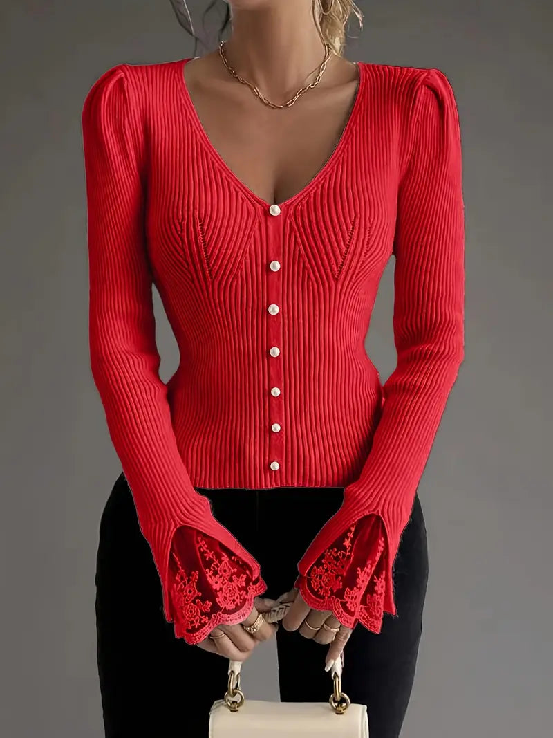 Aveline | Women's Puff Shoulder V-Neck Top with Pearl Buttons and Lace Trim