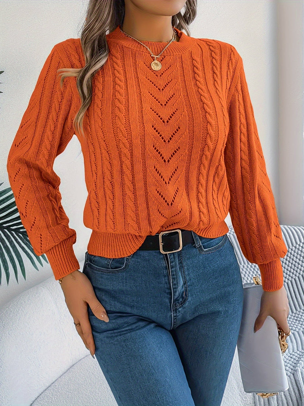 Elspeth | Women's Pointelle Cable Knit Crew Neck Sweater
