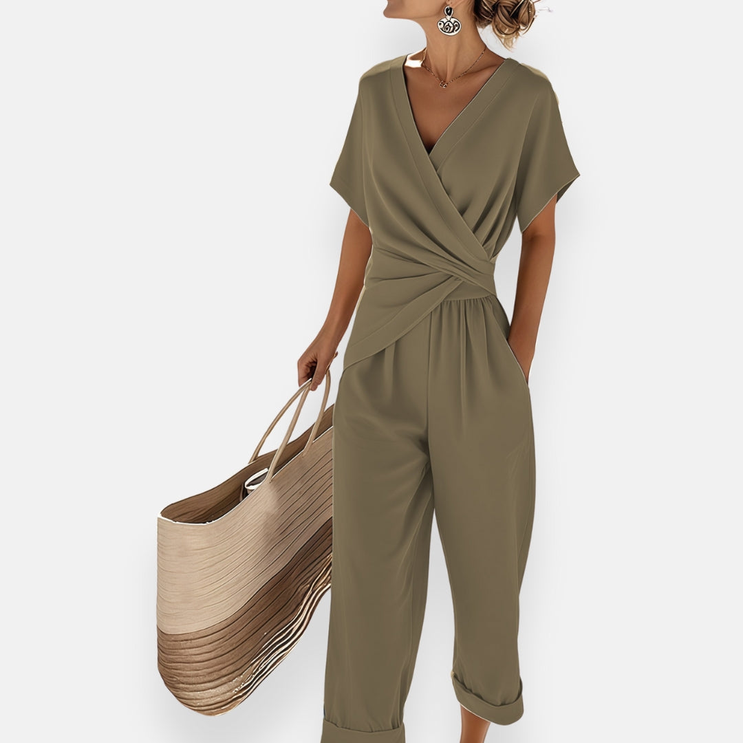 Wrap Twist Front V Neck Short Sleeve Casual Jumpsuit